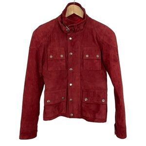 Leather Cult Suede Jacket Womens 32 XS Burnt Red Belted High Neck Utility EUC